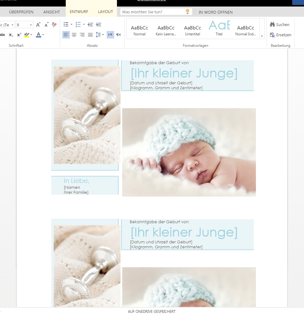 Geburtsanzeige für einen kleinen Jungen - Wordvorlage.de